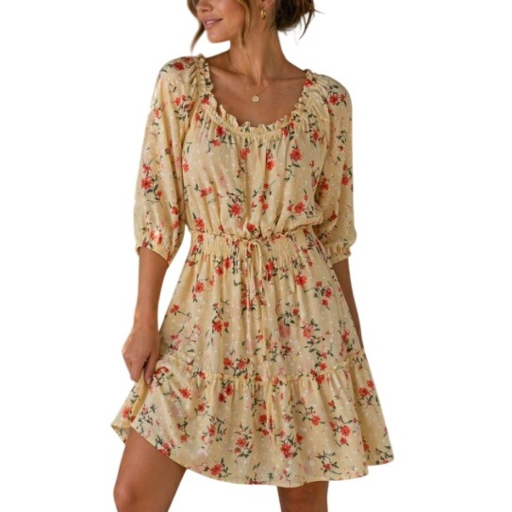 Ryan Michelle Women's Cream Floral Swiss Dot Smocked Mini Dress Size Petite XL